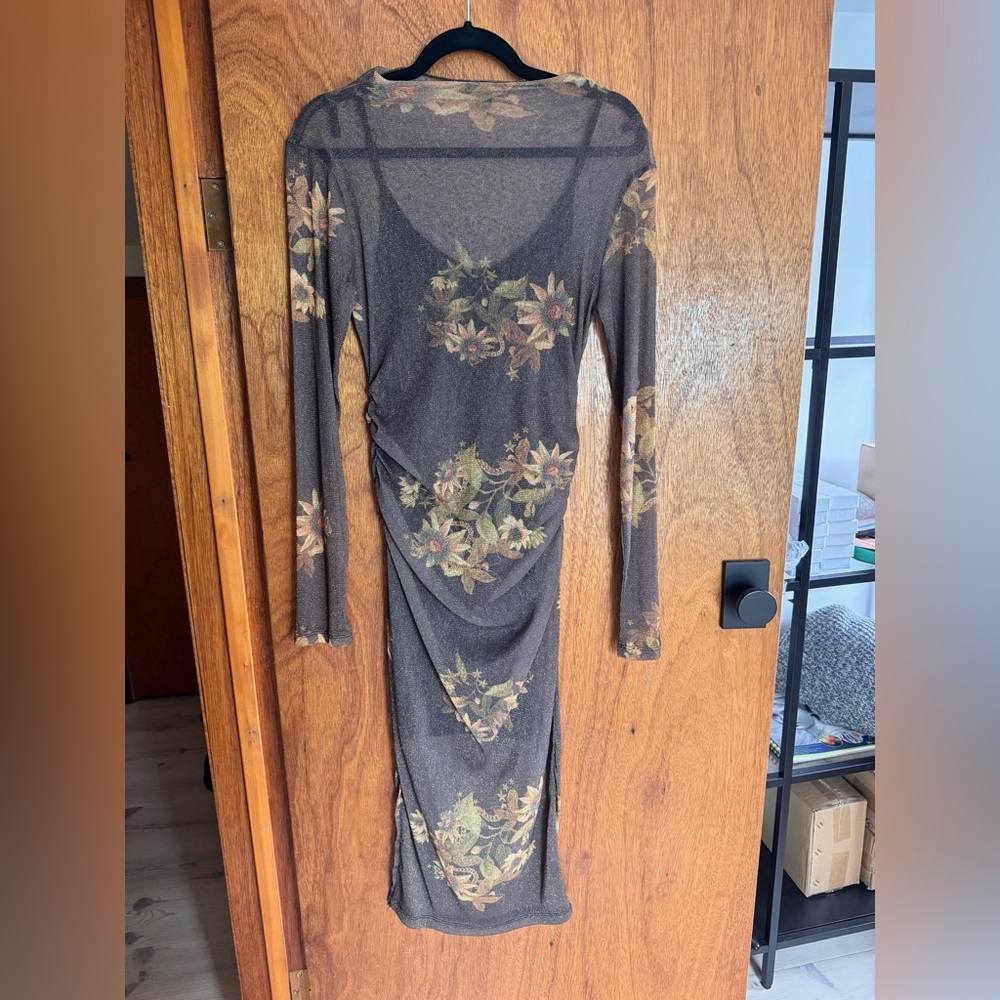 All Saints Black Floral Long Sleeve Sheer Avifauna Francesco Dress with Slip